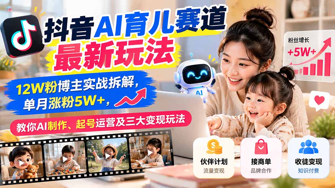 抖音AI育儿赛道最新玩法：12W粉博主实战拆解，单月涨粉5W+，教你AI制作、起号运营及三大变现玩法-巅峰研习社