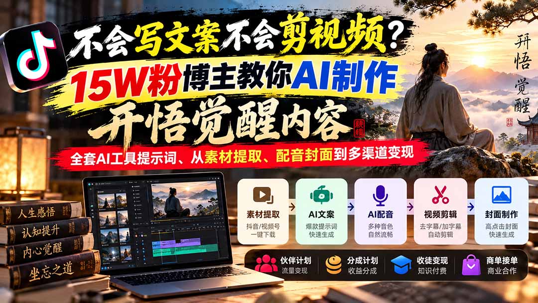 不会写文案不会剪视频？15W粉博主教你AI制作开悟觉醒内容，全套AI工具提示词、从素材提取、配音封面到多渠道变现-巅峰研习社