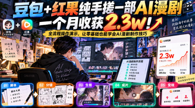 豆包+红果纯手搓一部AI漫剧一个月收获2.3w！全流程操作演示，让零基础也能学会AI漫剧制作技巧-巅峰研习社