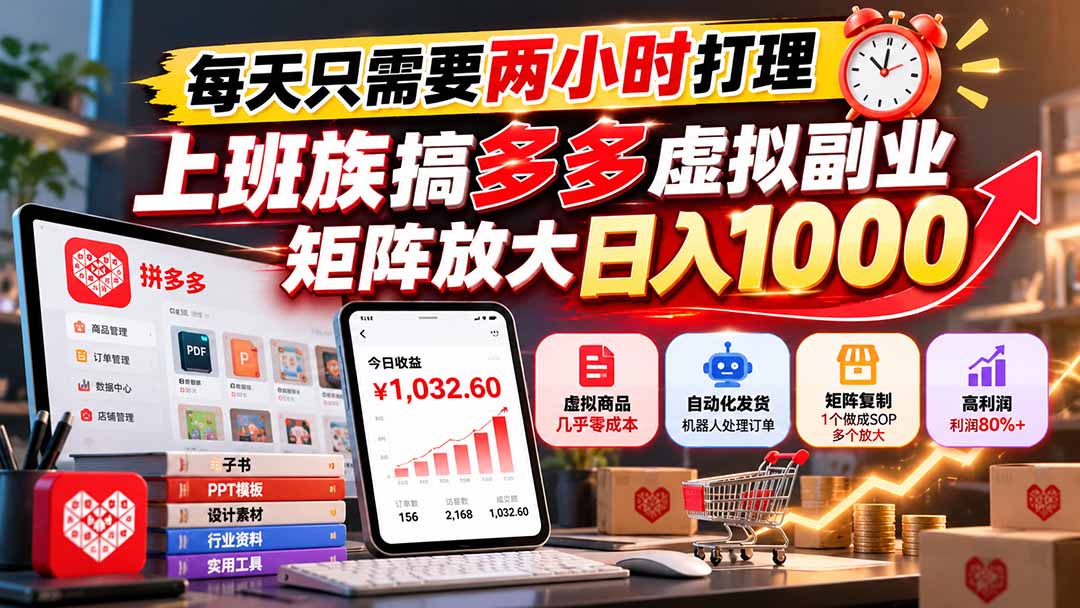 每天只需要两小时打理，上班族搞多多虚拟副业，矩阵放大日入 1000-巅峰研习社
