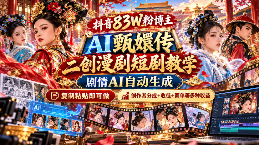 抖音83W粉博主AI甄嬛传二创漫剧短剧教学｜剧情AI自动生成，复制粘贴即可做，各大平台创作者分成+收徒等多种收益-巅峰研习社