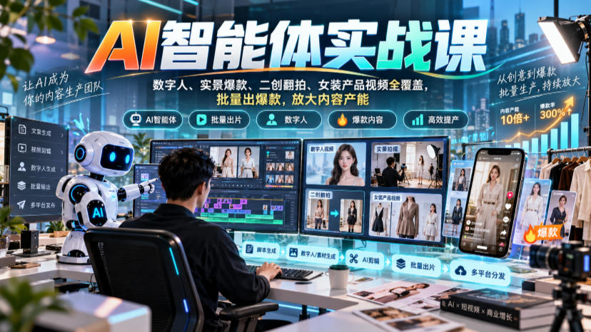 AI智能体实战课，数字人、实景爆款、二创翻拍、女装产品视频全覆盖，批量出爆款，放大内容产能-巅峰研习社
