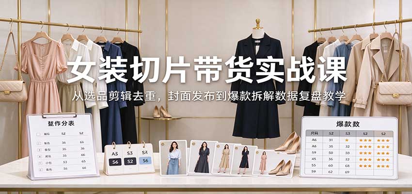女装切片带货实战课：从选品剪辑去重，封面发布到爆款拆解数据复盘教学-巅峰研习社