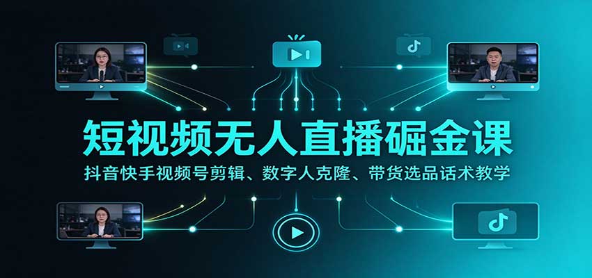 短视频无人直播掘金课：抖音快手视频号剪辑、数字人克隆、带货选品话术教学-巅峰研习社