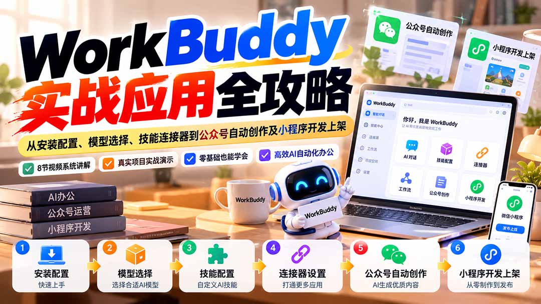 WorkBuddy 实战应用全攻略：从安装配置、模型选择、技能连接器到公众号自动创作及小程序开发上架-巅峰研习社