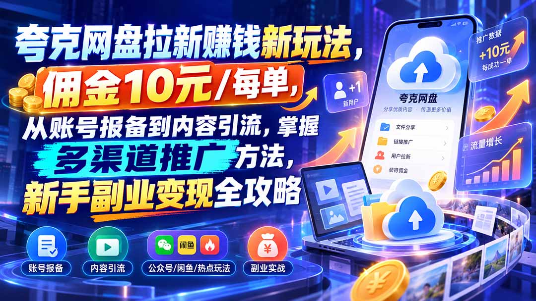 夸克网盘拉新赚钱新玩法，佣金10元/每单，从账号报备到内容引流，掌握多渠道推广方法，新手副业变现全攻略-巅峰研习社