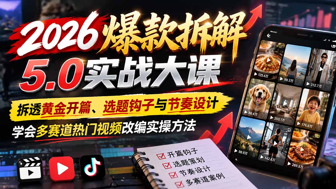 2026爆款拆解5.0实战大课：拆透黄金开篇、选题钩子与节奏设计，学会多赛道热门视频改编实操方法-巅峰研习社