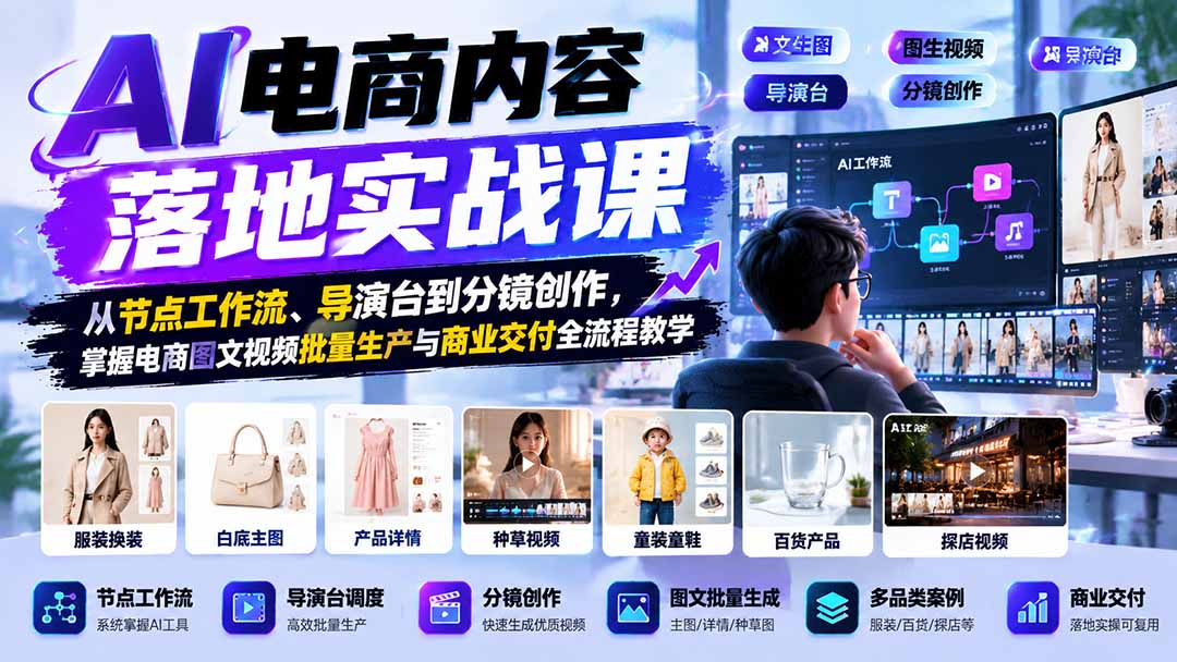 AI电商内容落地实战课:从节点工作流、导演台到分镜创作,掌握电商图文视频批量生产与商业交付全流程教学-巅峰研习社