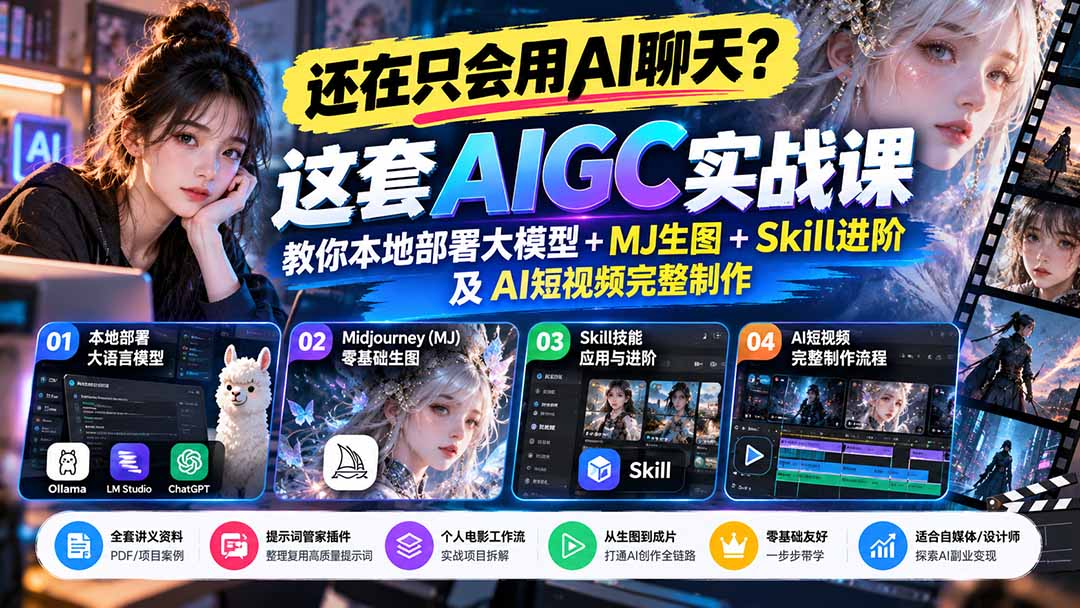 【无水印】还在只会用AI聊天？这套AIGC实战课教你本地部署大模型+MJ生图+Skill进阶及AI短视频完整制作-巅峰研习社