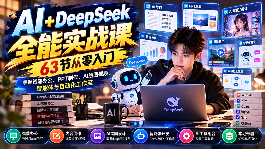 AI+DeepSeek全能实战课：63节从零入门，掌握智能办公、PPT制作、AI绘图视频、智能体与自动化工作流-巅峰研习社