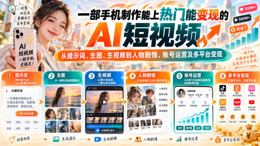 【无水印】一部手机制作能上热门能变现的AI短视频，从提示词、生图、生视频到人物剧情、账号运营及多平台变现(更新)-巅峰研习社