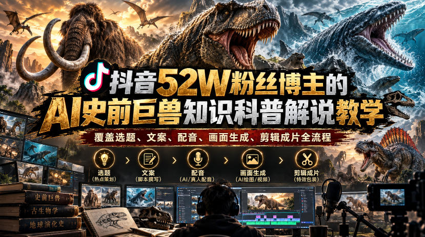 抖音52W粉丝博主的AI史前巨兽知识科普解说教学，覆盖选题、文案、配音、画面生成、剪辑成片全流程-巅峰研习社