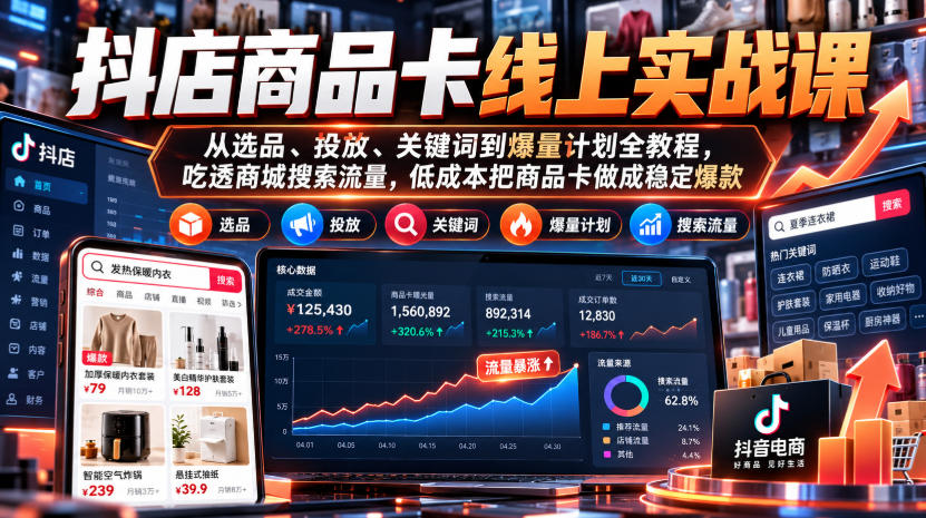 抖店商品卡线上实战课｜从选品、投放、关键词到爆量计划全教程，吃透商城搜索流量，低成本把商品卡做成稳定爆款-巅峰研习社