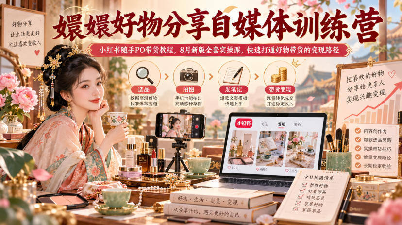 嬛嬛好物分享自媒体训练营｜小红书随手PO带货教程，8月新版全套实操课，快速打通好物带货的变现路径-巅峰研习社