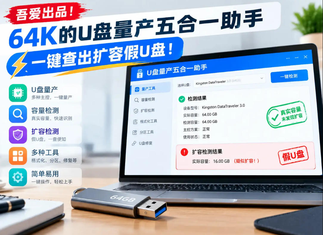 吾爱出品！64K的U盘量产五合一助手，一键查出扩容假U盘！-巅峰研习社