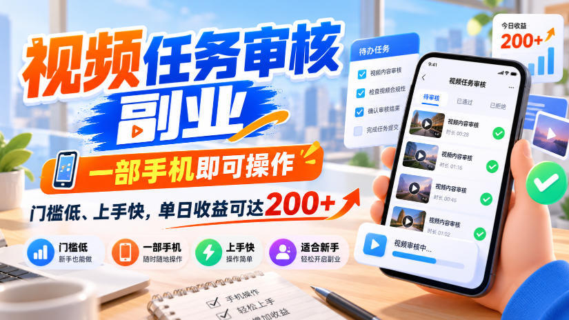 视频任务审核副业，一部手机即可操作，门槛低、上手快，单日收益可达200+【揭秘】-巅峰研习社