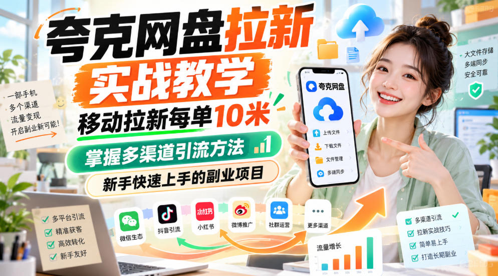 夸克网盘拉新实战教学，移动拉新每单10米，掌握多渠道引流方法，新手快速上手的副业项目(更新1023)-巅峰研习社