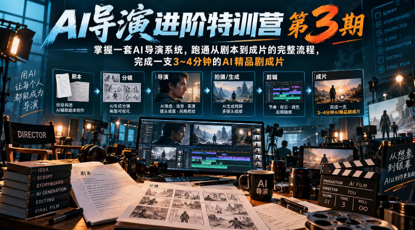 AI导演进阶特训营第3期，掌握一套AI导演系统，跑通从剧本到成片的完整流程，完成一支3~4分钟的AI精品剧成片(附1、2期)-巅峰研习社