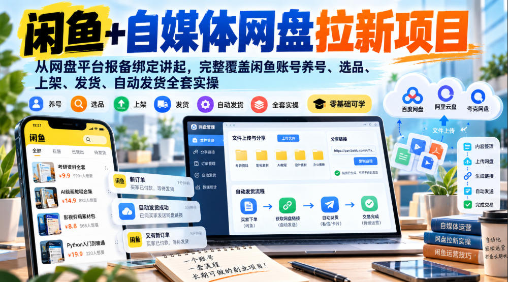 闲鱼+自媒体网盘拉新项目，从网盘平台报备绑定讲起，完整覆盖闲鱼账号养号、选品、上架、发货、自动发货全套实操-巅峰研习社