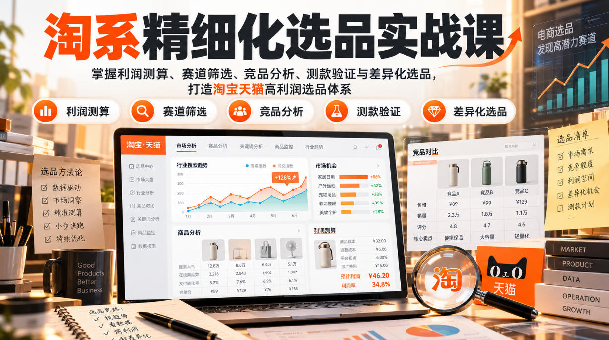 货架电商精细化选品实战课：掌握利润测算、赛道筛选、竞品分析、测款验证与差异化选品，打造淘宝天猫高利润选品体系-巅峰研习社