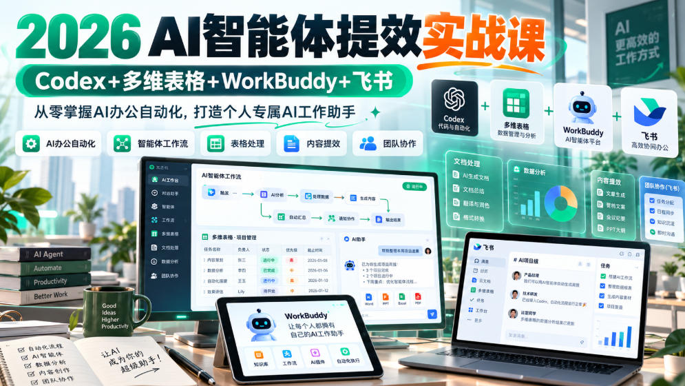 2026 AI智能体提效实战课:Codex+多维表格+WorkBuddy+飞书,从零掌握AI办公自动化,打造个人专属AI工作助手-巅峰研习社