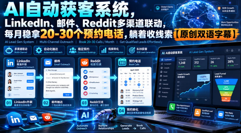 【无水印】AI自动获客系统,LinkedIn、邮件、Reddit多渠道联动,每月稳拿20-30个预约电话,躺着收线索【原创双语字幕】-巅峰研习社