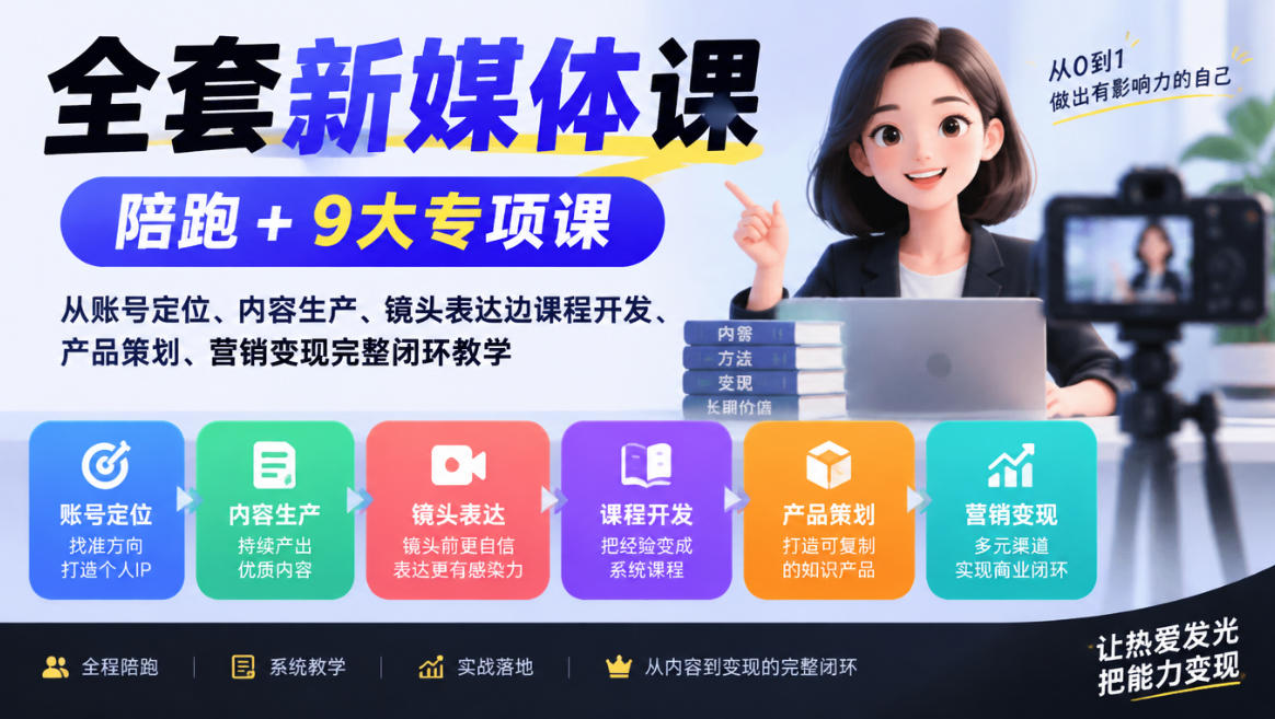 全套新媒体课｜陪跑+9大专项课，从账号定位、内容生产、镜头表达到课程开发、产品策划、营销变现完整闭环教学-巅峰研习社