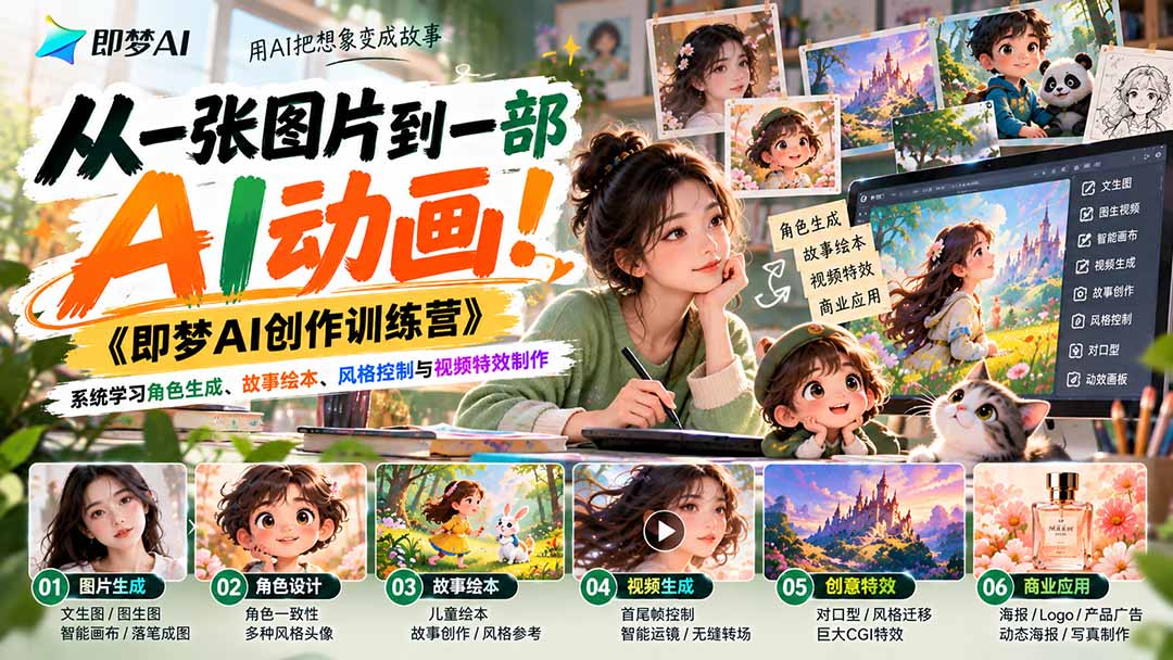 【无水印】从一张图片到一部AI动画！《即梦AI创作训练营》系统学习角色生成、故事绘本、风格控制与视频特效制作-巅峰研习社