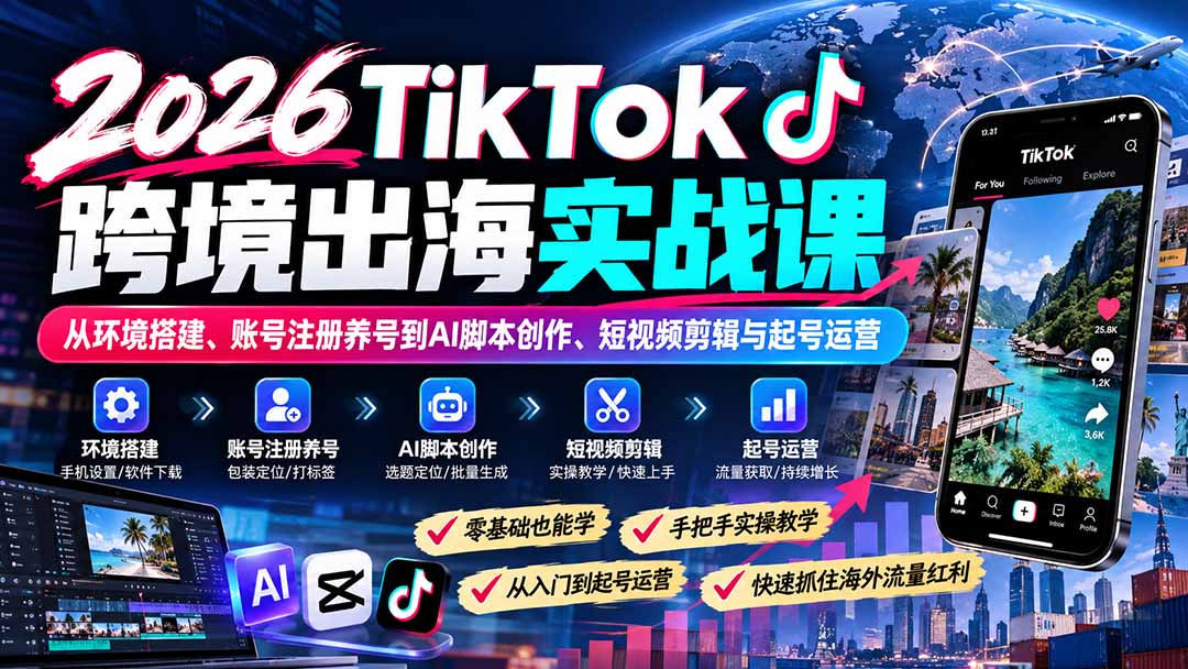 2026TikTok跨境出海实战课:从环境搭建、账号注册养号到AI脚本创作、短视频剪辑与起号运营-巅峰研习社