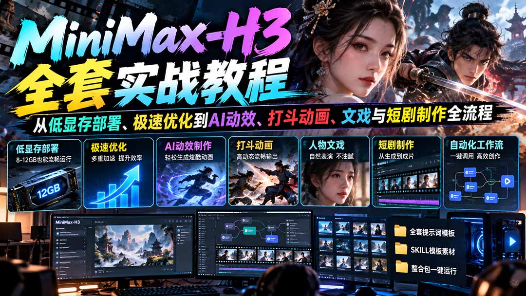 MiniMax-H3全套实战教程:从低显存部署、极速优化到AI动效、打斗动画、文戏与短剧制作全流程-巅峰研习社