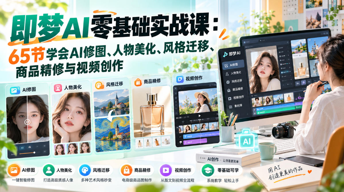 即梦AI零基础实战课:65节学会AI修图、人物美化、风格迁移、商品精修与视频创作-巅峰研习社