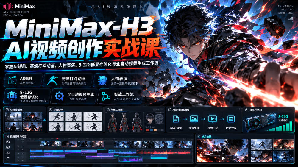 MiniMax-H3 AI视频创作实战课,掌握AI短剧、高燃打斗动画、人物表演、8-12G低显存优化与全自动视频生成工作流-巅峰研习社