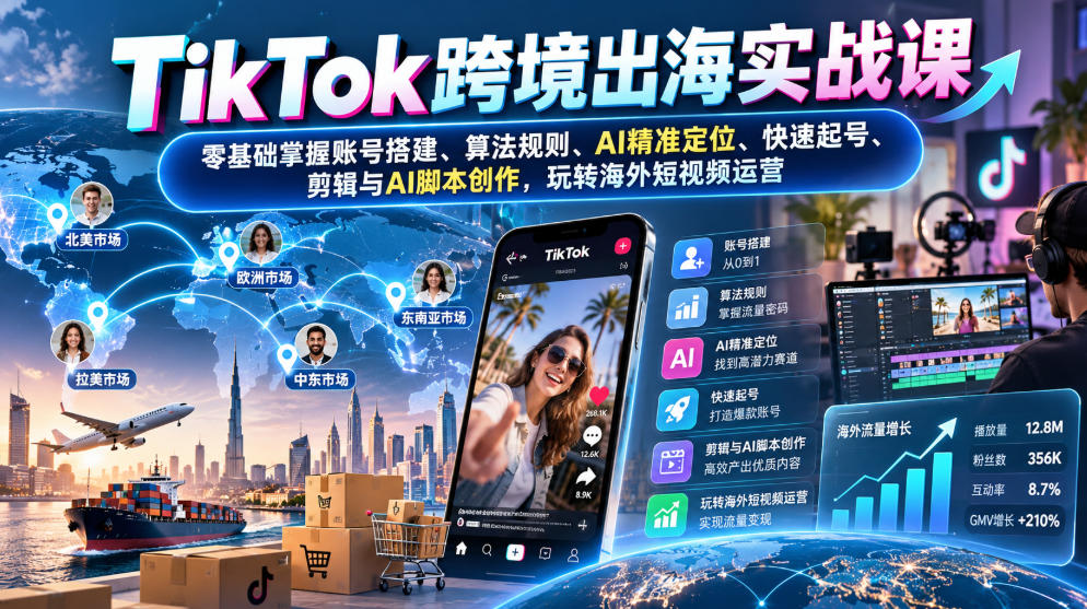TikTok跨境出海实战课:零基础掌握账号搭建、算法规则、AI精准定位、快速起号、剪辑与AI脚本创作,玩转海外短视频运营-巅峰研习社