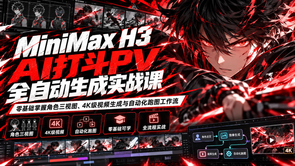 MiniMax H3 AI打斗PV全自动生成实战课:零基础掌握角色三视图、4K级视频生成与自动化跑图工作流