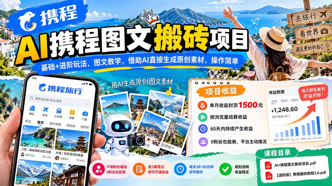 AI携程图文搬砖项目，基础+进阶玩法，图文教学，借助AI直接生成原创素材，操作简单-巅峰研习社