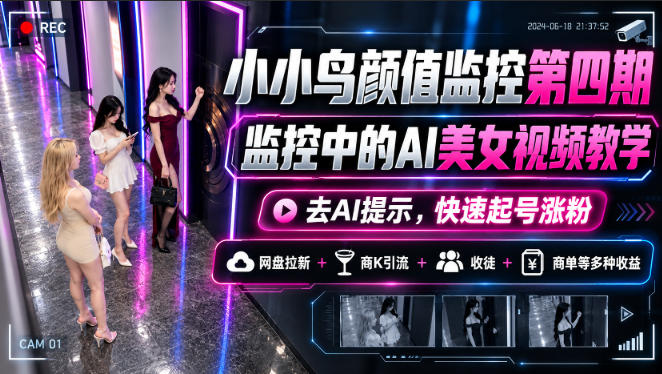 小小鸟颜值监控第四期，监控中的AI美女视频教学，去AI提示，快速起号涨粉，网盘拉新+商K引流+收徒+商单等多种收益-巅峰研习社