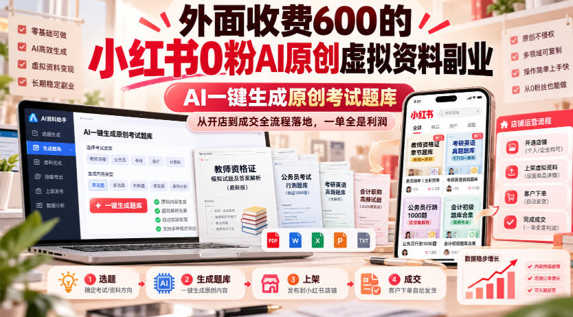 外面收费600的小红书0粉AI原创虚拟资料副业，AI一键生成原创考试题库，从开店到成交全流程落地，一单全是利润-巅峰研习社