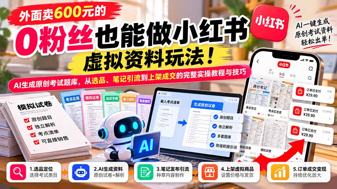 外面卖600元的 零粉丝也能做小红书虚拟资料玩法！AI生成原创考试题库，从选品、笔记引流到上架成交的完整实操教程-巅峰研习社