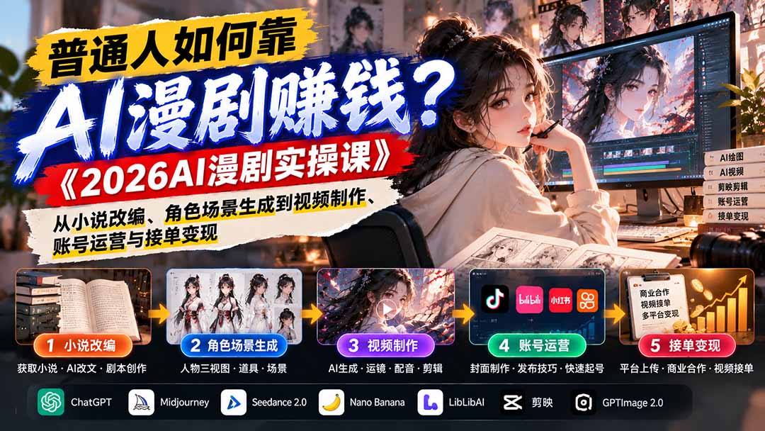普通人如何靠AI漫剧赚钱?《2026AI漫剧实操课》从小说改编、角色场景生成到视频制作、账号运营与接单变现-巅峰研习社