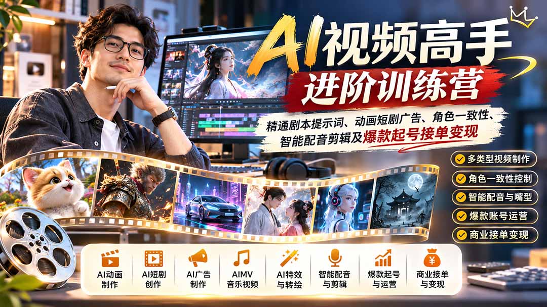AI视频高手进阶训练营:精通剧本提示词、动画短剧广告、角色一致性、智能配音剪辑及爆款起号接单变现-巅峰研习社