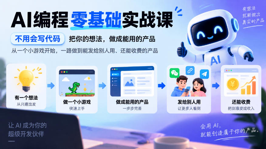 AI编程零基础实战课，不用会写代码，把你的想法，做成能用的产品，从一个小游戏开始，一路做到能发给别人用、还能收费的产品-巅峰研习社