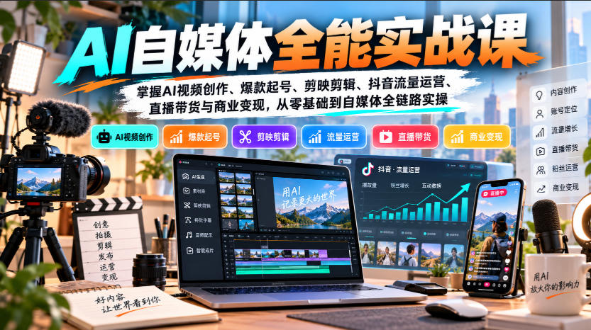 【无水印】AI自媒体全能实战课，掌握AI视频创作、爆款起号、剪映剪辑、抖音流量运营、直播带货与商业变现，从零基础到自媒体全链路实操-巅峰研习社