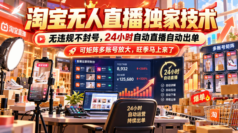 淘宝无人直播独家技术，无违规不封号，24小时自动直播自动出单，可矩阵多账号放大，旺季马上来了【揭秘】-巅峰研习社