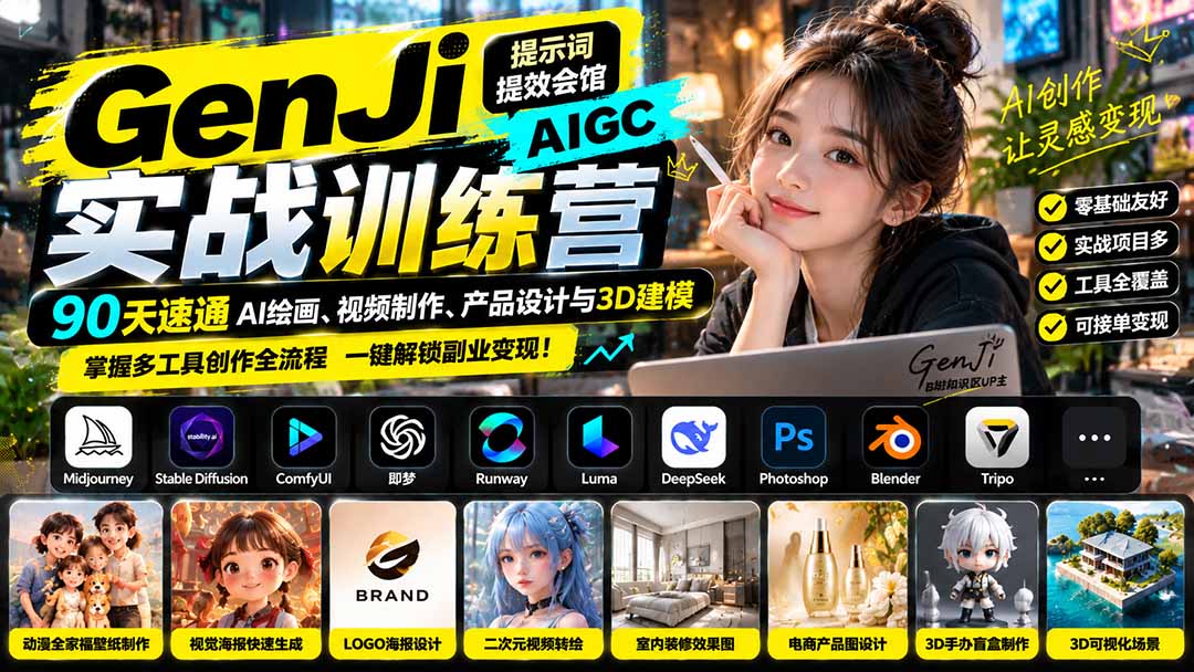 GenJi AIGC实战训练营：90天速通AI绘画、视频制作、产品设计与3D建模，掌握多工具创作全流程-巅峰研习社