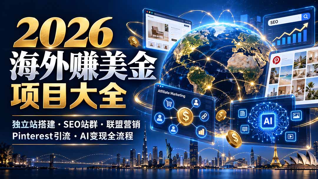 2026海外赚美金项目大全：独立站搭建、SEO站群、联盟营销、Pinterest引流与AI变现全流程-巅峰研习社