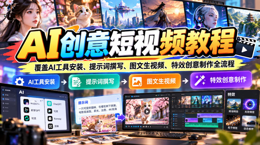 AI创意短视频教程，覆盖AI工具安装、提示词撰写、图文生视频、特效创意制作全流程-巅峰研习社