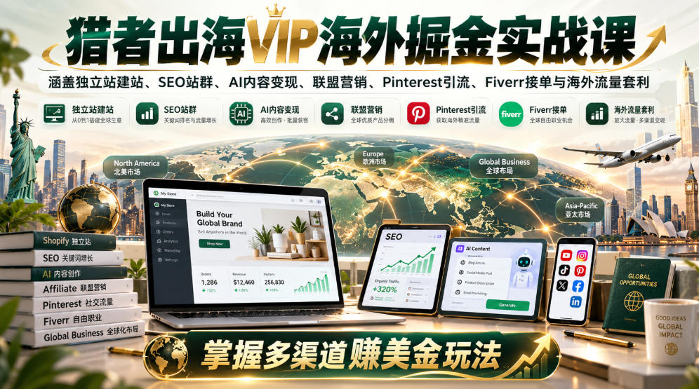 猎者出海VIP海外掘金实战课：涵盖独立站、SEO站群、AI变现、联盟营销、Pinterest引流、Fiverr接单与海外流量套利，掌握多渠道賺美金玩法-巅峰研习社