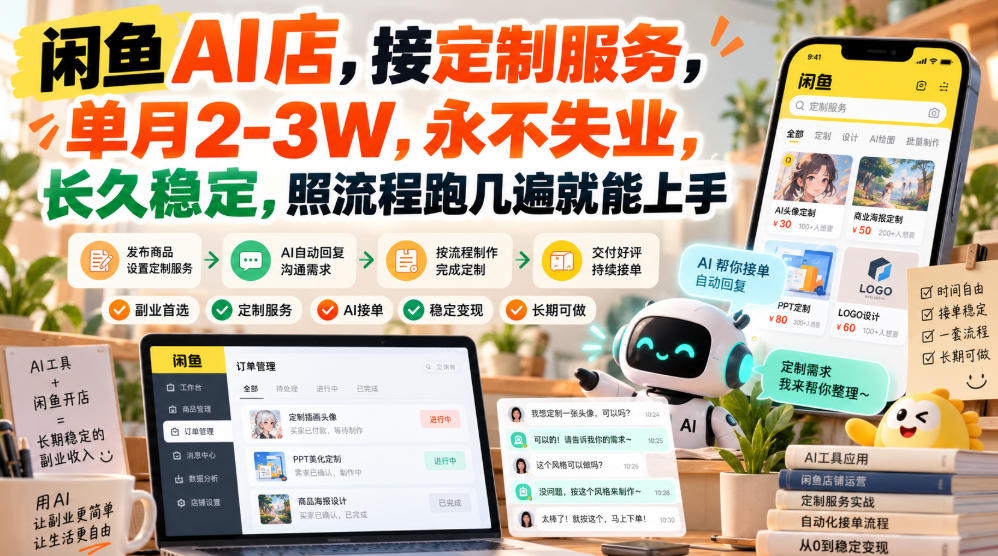 闲鱼AI店，接定制服务，单月2-3W，永不失业，长久稳定，照流程跑几遍就能上手-巅峰研习社