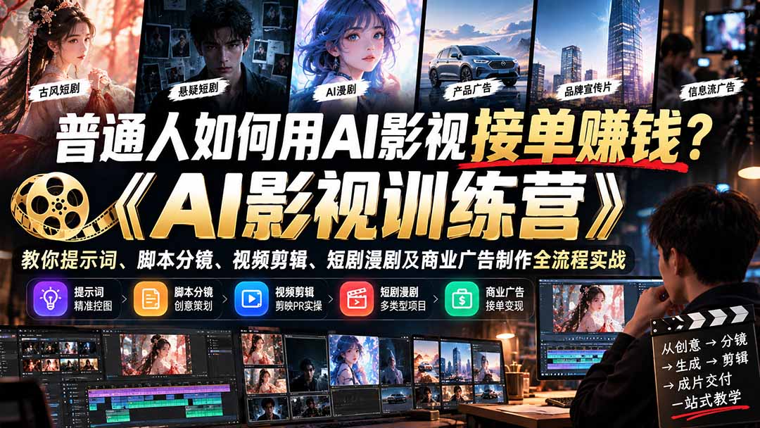 普通人如何用AI影视接单赚钱？《AI影视训练营》教你提示词、脚本分镜、视频剪辑、短剧漫剧及商业广告制作全流程实战-巅峰研习社